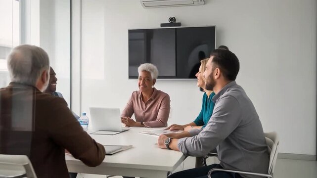 Team meeting in modern office with diverse participants and conference equipment
