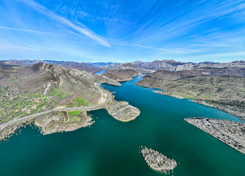Aerial view of Embalse de Luna lake and mountains in Asturias Spain