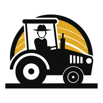 Stylized black and yellow graphic of a farmer operating a tractor with abstract field lines