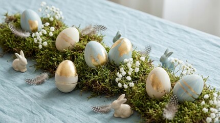 Obraz premium Chic easter eggs and moss on blue festive spring background