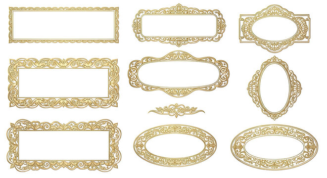 Elegant set of 10 ornate golden vintage frames and borders, featuring intricate filigree designs in various rectangular and oval shapes, perfect for luxurious design elements. isolated PNG with