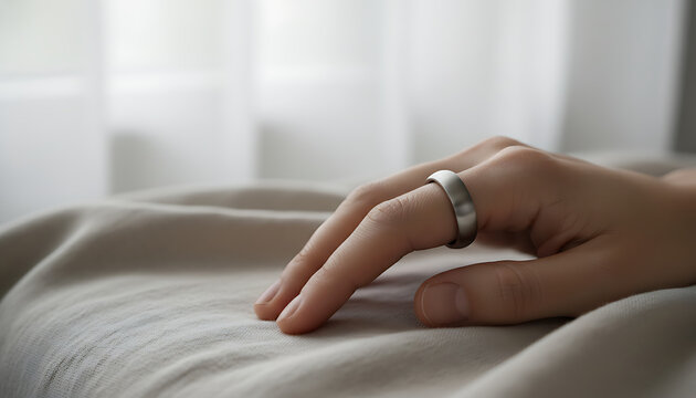 Close up of hand wearing smart ring health tracker