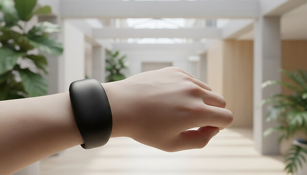 Person wearing black wearable stress tracker in modern interior