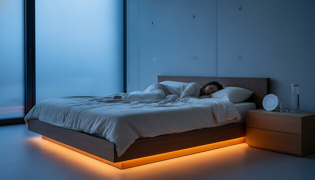Woman sleeping peacefully in a modern smart sleep environment