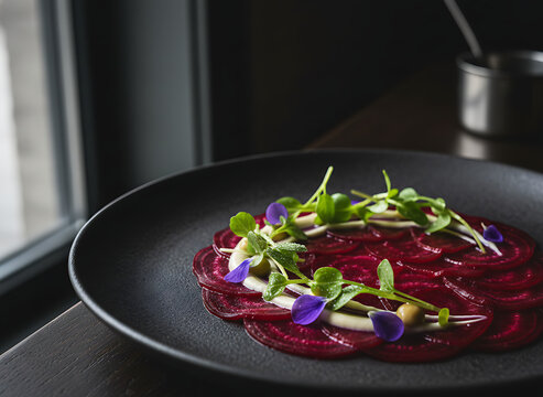 Gourmet plant-based beetroot carpaccio served on a dark plate