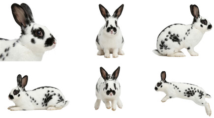 Fototapeta premium set of an english spot rabbit in various poses on a black background