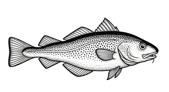 Atlantic Cod Fish Illustration - Black and White Drawing
