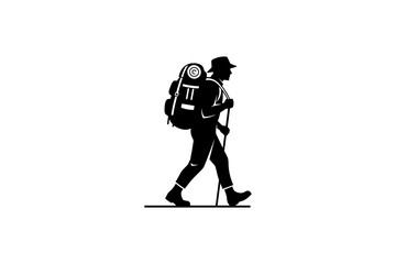 Fototapeta premium Silhouette of a hiker walking with backpack and walking stick