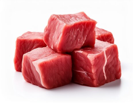 raw meat cubes on a white background
