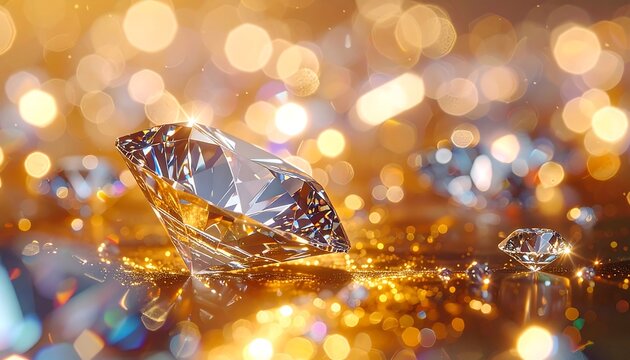 A large diamond on a sparkling gold background with lights