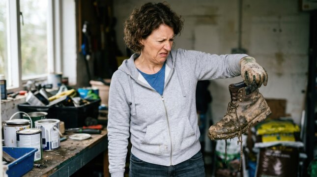 Woman expressing disgust holding muddy work boot