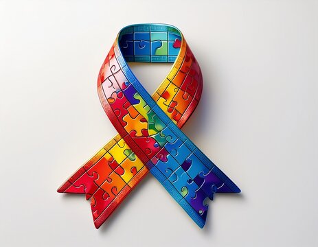 autism puzzle ribbon on white background symbolizing autism adhd neurodivergent identity therapy and awareness