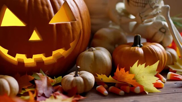 Fall Festive Tableau. Seasonal Autumn Decoration Scene. Decorative Fall Arrangement With Pumpkins And Leaves