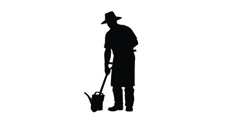 Silhouette of a gardener tending to plants with a watering can