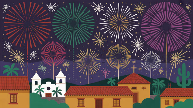 Vibrant fireworks display over traditional mexican town at night with church and adobe buildings