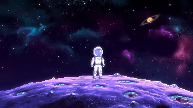 An Artistic Depiction Of Astronaut On Luminous Moon Surrounded By Nebulae And Distant Planets