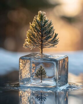 Frosted Tree Encased in Ice Block with Soft Sunrise Background