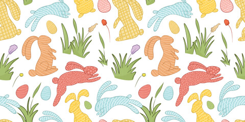 whimsical Easter seamless patterns Hand drawn set with bunny, eggs, flowers, grass. Naive sketch style spring pastel illustrations backgrounds for Easter greeting cards, nursery decor. © EvgeniiasArt