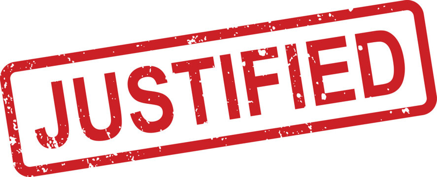 A vibrant red rubber stamp with a distressed texture showing the bold word justified on white