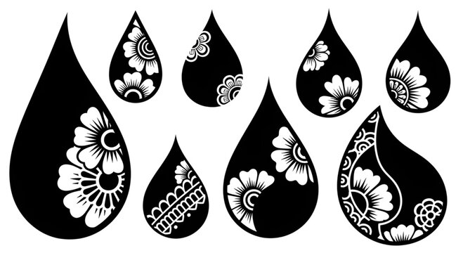 Henna inspired floral drops black and white vector elements
