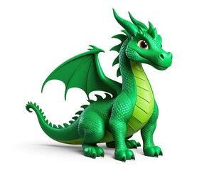 A small, green toy dragon sitting on a white surface, great for illustrations and designs