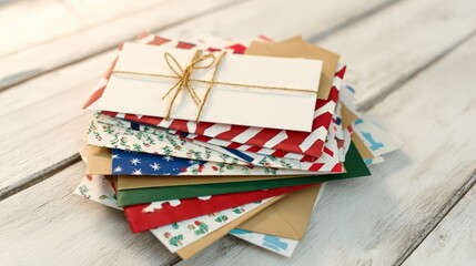Fototapeta premium Stack of colorful Christmas envelopes tied with twine on a wooden table. Festive holiday correspondence and greeting card collection. Seasonal mail and winter celebration concept.