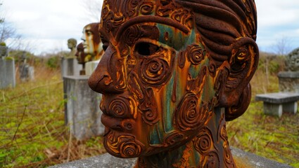 Fototapeta premium Rusted Sculpture of a Face with Swirling Patterns