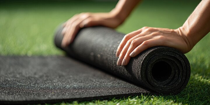 Close-up of female hands unrolling black yoga mat on green grass outdoors.