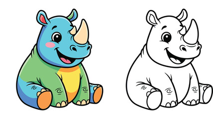 Cute cartoon smiling rhino sitting down. Colorful illustration and black and white outline version for children coloring book page vector. © SHOHAG