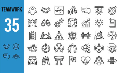 Teamwork and Collaboration Icons in Black Outline with Blue Header business strategy