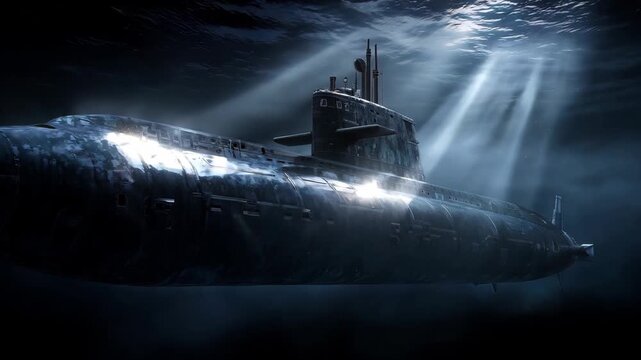 A submarine moves slowly through dark waters as light filters down from above in this underwater exploration of marine life