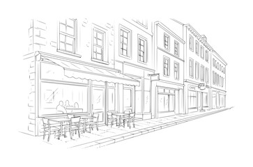 Line of a European cafe street scene with outdoor seating building architecture