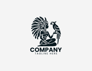 Fototapeta premium Elegant woman with feathered headdress interacting with parrot in modern black vector illustration style