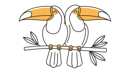Fototapeta premium Charming Toucans' Embrace: Two delightful toucans perch together on a slender branch, their vibrant beaks and cheerful demeanor create a sense of harmony and joy.