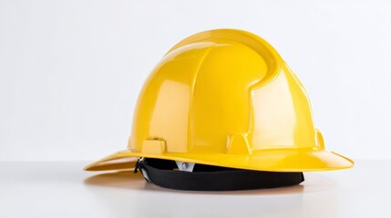 Yellow construction helmet on isolated white background. Hard hat for head protection at workplace. Safety equipment for manual laborer, engineer or builder. Industrial site gear concept.