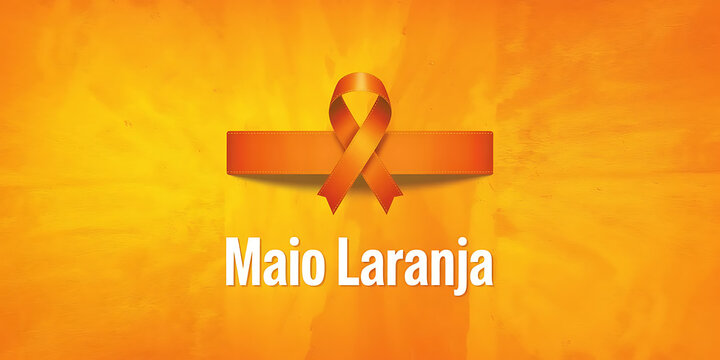 An orange ribbon symbol with a metallic finish placed on a gradient background transitioning from yellow to orange with the text maio laranja below it