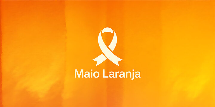 Title: a white ribbon symbol on an orange background with the text maio laranja written below it representing awareness for child abuse prevention
