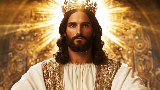 Jesus Christ in a golden sits on a throne in a richly decorated hall with intricate designs and warm lighting