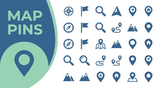 Map pins icons display various navigation markers like compasses, flags,.