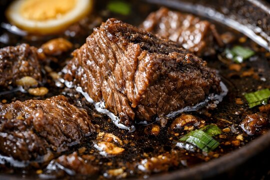 Macro shot of tender beef in Indonesian rawon black soup with rich keluak broth