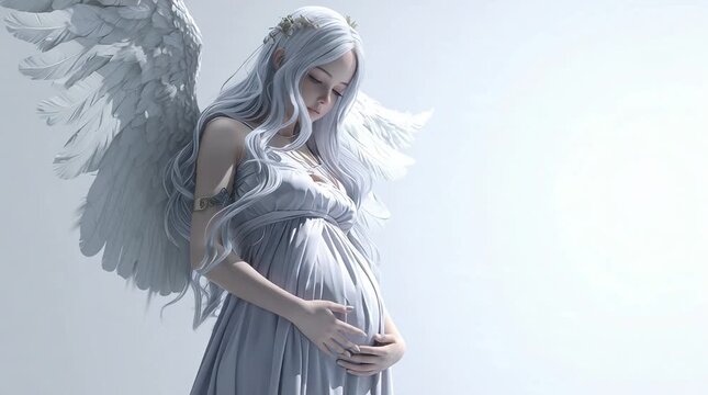 3D Animated Anime Pregnant Angel Woman in Gray Dress with White Wings on White Background