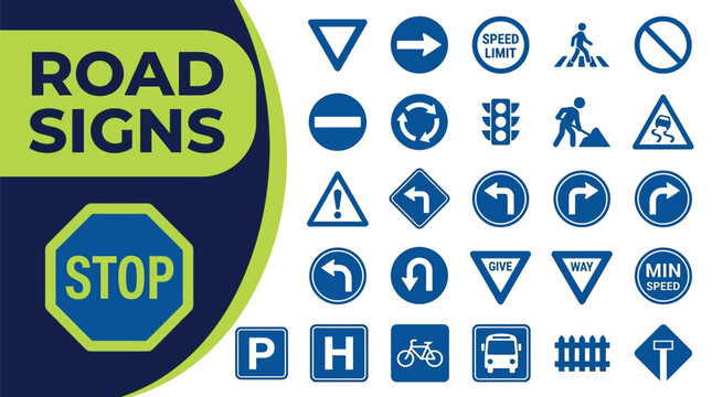 Road signs collection presents essential traffic regulation symbols for.