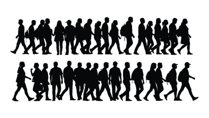Crowd of people walking in two rows silhouettes against a white background