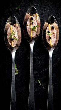 Duck galantine in spoons on a dark background, prepared according to a recipe of modern molecular cuisine.
