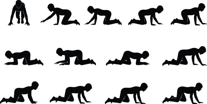Woman crawling silhouette sequence set in different poses isolated on white background movement progression vector illustration
