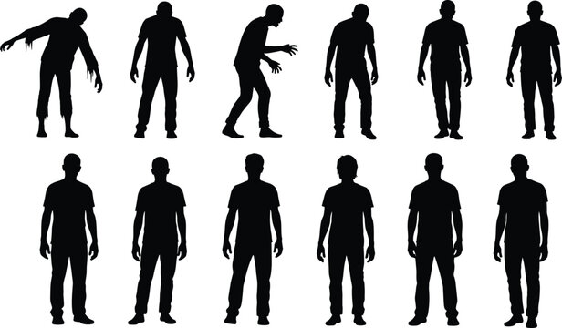 Zombie silhouette collection with walking undead characters in different poses isolated on white background horror Halloween vector set