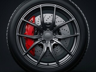 Closeup of modern car wheel with black alloy rim, red brake caliper, perforated disc brake, and tire on dark background, detailed automotive part, clean design