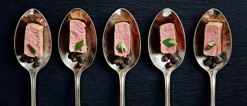 Duck galantine in spoons on a dark background, prepared according to a recipe of modern molecular cuisine.