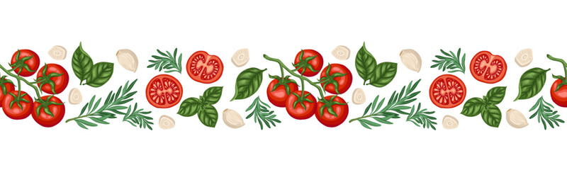 Fototapeta premium Seamless border of tomato cherry and rosemary. Vector hand drawn food illustration for kitchen menu and restaurant template. Cartoon repeat garlic and basil leaf drawing perfect for product design.