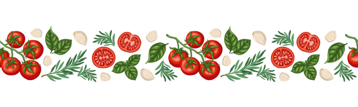 Seamless border of tomato cherry and rosemary. Vector hand drawn food illustration for kitchen menu and restaurant template. Cartoon repeat garlic and basil leaf drawing perfect for product design.